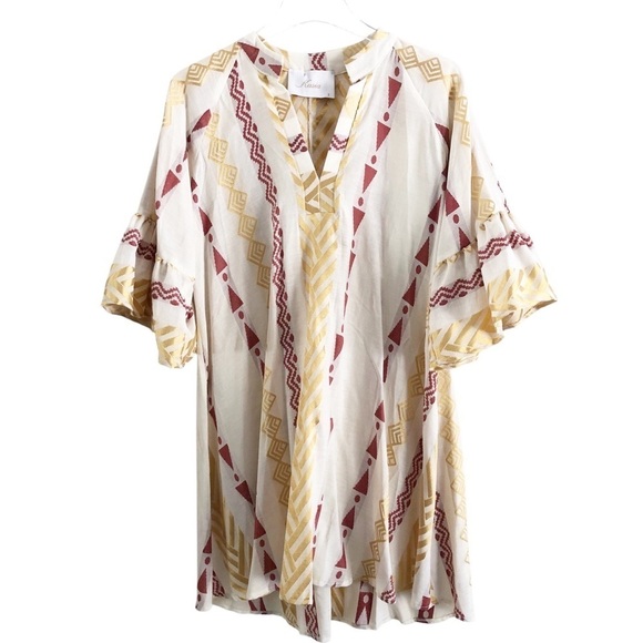 Kasia Pull On Dress Gold Maroon Cream Geometric Print Size Small - Picture 5 of 11